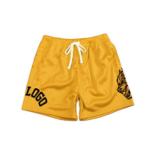 Men's Yellow Mesh Shorts With Drawstring And Logo Print Breathable Casual Sport Wear - Product Image 1