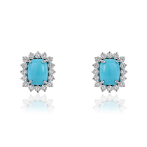 Boucles d'oreilles clous en turquoise et diamant taille octogonale 9x7mm, dernière conception, or blanc 14K, pour commande en gros, fournisseur de bijoux - Product Image 1