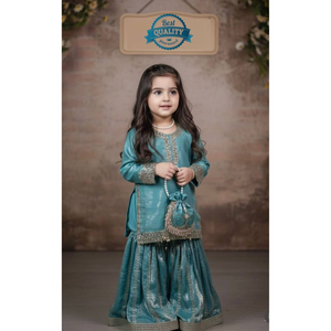 Completo Set Etnico da Ragazza per Feste: Top in Seta Ricamato, Sharara e Dupatta - Abito Tradizionale per Matrimoni e Feste per Bambine 3-15 Anni - Product Image 2