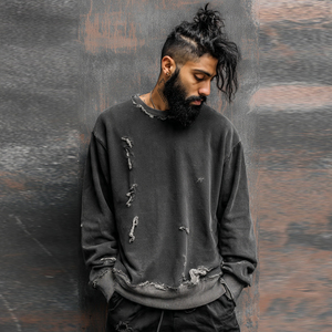 Wholesale Distressed Sweatshirts Men Heavyweight 480 500gsm French Terry Distress Sweat Shirts Printed Tops Men's - Product Image 4