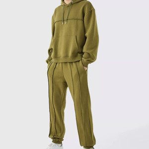 Unisex Olive Green Hooded Tracksuit Set Cotton Sweatshirt And Jogger <b>Pants</b> Solid Color Casual <b>Loungewear</b> Sportswear - Product Image 2