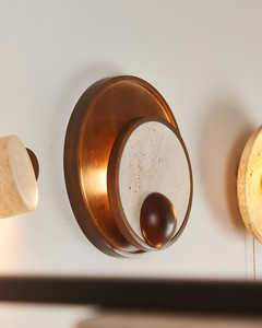 Applique murale en pierre naturelle, beige, travertin, bois de noyer, lumière LED chaude, diamètre 30 cm, luminaire élégant pour la maison - Product Image 2