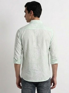 Chemise décontractée pour homme, vert clair uni, manches longues, col rabattu, coupe classique, lin et coton, style été - Product Image 3