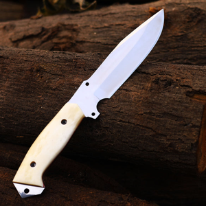 Couteau de chasse à lame fixe argenté avec manche crème et étui en cuir marron, lame pointue et affûtée, pour le camping et la survie en extérieur - Product Image 4