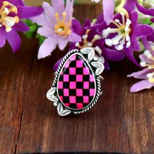 Black Pink Checkerboard Onyx Gemstone Ring 925 Sterling Silver Mosaic Inlay Band For <b>Chess</b> Lover Fine Ring Jewelry <b>Gift</b> - Product Image 1