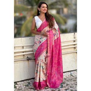 Sari de soirée Elite Weaves en soie Tussar rose, imprimé Kalamkari, avec bordure tissée Zari, sari indien traditionnel - Product Image 4