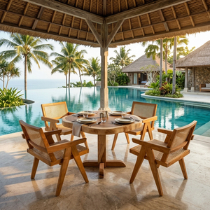 Solid Suar Wood Elegant Rustic Wholesale Solara <b>Live</b> <b>Edge</b> Cafe <b>Table</b> Teak Chair Set Furniture with Rattan Seat Backrest Design - Product Image 5
