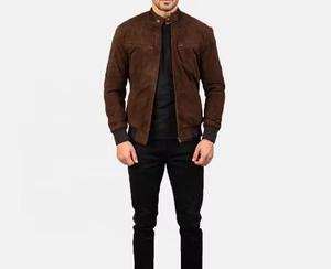 Blouson bomber en daim marron pour homme, col montant, fermeture éclair, style moto, vêtement d'automne, coupe classique, couleur unie - Product Image 2