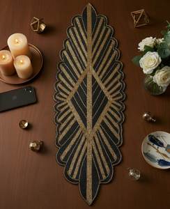 Leaf Shaped Fabric <b>Table</b> Runner Black Gold Bohemian Handmade Mat Decorative Placemat for <b>Table</b> Centerpiece - Product Image 1