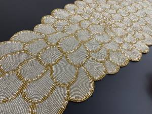 Luxury Embroidered <b>Table</b> <b>Runner</b> Floral Pattern <b>Gold</b> Beige Home Decor - Product Image 2