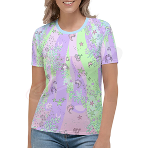 Camiseta de Manga Corta con Cuello Redondo y Estampado Oceánico Pastel para Mujer, Corte Regular, Tejido de Poliéster, Informal, para Primavera y Verano - Product Image 1