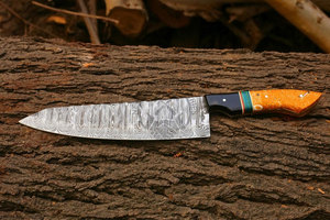 Cuchillo de Chef Hecho a Mano de Acero de Damasco, Hoja de 8 Pulgadas, Estilo Japonés, Mango Ambidiestro con Patrón de Damasco Trenzado - Product Image 5