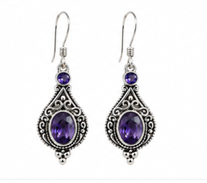 Boucles d'oreilles pendantes en argent améthyste, bijoux en argent sterling 925 avec pierre violette, boucles d'oreilles ovales en filigrane d'améthyste, faites à la main style bohème - Product Image 1