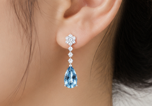 18K White Gold Sky <b>Blue</b> Gemstone Drop <b>Earrings</b> Pear Shape Diamond <b>Studded</b> Floral Top Bridal Wedding Luxury Fashion Jewelry - Product Image 6
