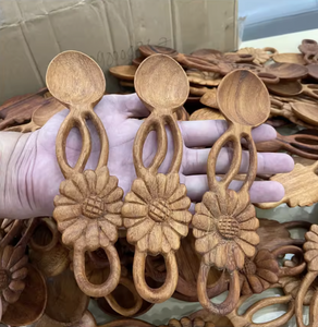 Vietnam Factory Wooden <b>Spoon</b> Red Pine Wood Leaf Detail Carved Handle for Kitchen Cooking Serving Use - Product Image 5