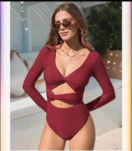 Women <b>Long</b> <b>Sleeve</b> V-Neck Cutout Bodysuit Solid Color Knitted Spandex Polyester Sexy Club Wear Summer Style - Product Image 1