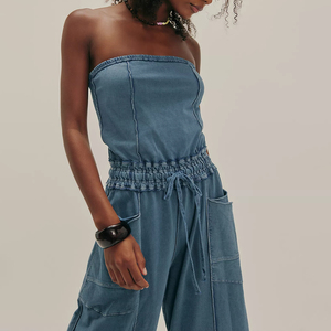 Women Denim <b>Jumpsuit</b> Casual One Piece Outfit Button Front Long Sleeve <b>Wide</b> <b>Leg</b> Blue Denim Fashion Clothing Wholesale Custom Size - Product Image 3