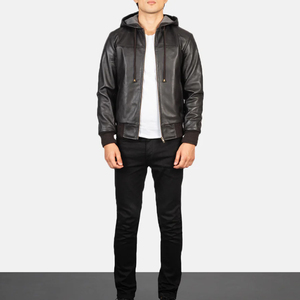 REAC READY INDUSTRY Men's Hooded Genuine Leather Bomber <b>Jacket</b> Breathable Aviator <b>Pilot</b> Moto Biker Style Zipper Closure Solid - Product Image 4