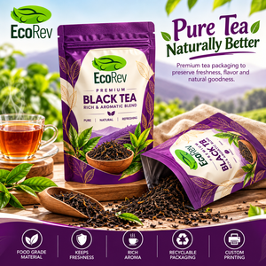 EcoRev Premium Black Tea Stand up Pouch Valve Laminated BOPP/VMCPP Food Grade Zipper Top Packaging Recyclable Custom Printed - Product Image 1