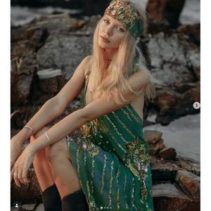 Robe longue d'été bohème verte unie brodée sans manches, dos nu, coupe classique, taille naturelle, 100 % coton, haute qualité - Product Image 3