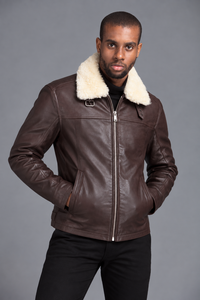 Chaqueta de Cuero Genuino para Hombre, Chaqueta de Aviador Marrón, Chaqueta Bomber con Cuello de Piel, Chaqueta de Cuero Personalizada para Invierno - Product Image 3