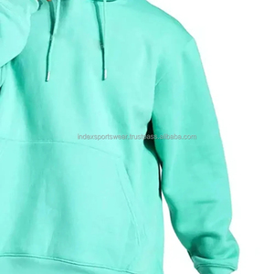 Sudadera con Capucha Verde Menta para Hombre, Corte Holgado, Color Sólido, Diseño de Bolsillo Tejido en Felpa, para Otoño, Manga Larga - Product Image 3