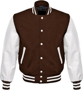 Men's Brown Varsity <b>Jacket</b> With <b>White</b> Sleeves And Striped Cuffs Casual PU Leather Letterman <b>Jacket</b> Autumn Wear - Product Image 1
