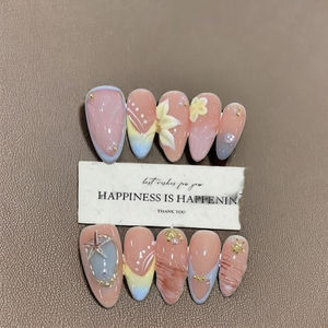 Uñas acrílicas de almendra mediana prediseñadas usable cremoso desnudo naranja suave diseño de dedo romántico costa de la mañana - Product Image 5