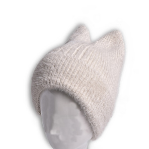 Custom <b>Hats</b> <b>Cat</b> Ears Mohair Beanie Pure Solid Color Women Caps Wholesale Bulk Order for Team Women's Mohair Beanie Fashion - Product Image 4
