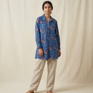 <b>Women</b> Blue Floral Printed Cotton <b>Kurta</b> Shirt Collar Full Sleeve Loose Fit Casual Tunic Top Ethnic Everyday Wear Elegant Outfit - Product Image 1
