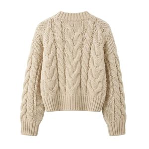 Pulls pour hommes en mélange d'acrylique épais, beige, coupe courte et carrée, à col en V, à manches longues, avec motif torsadé épais - Product Image 2