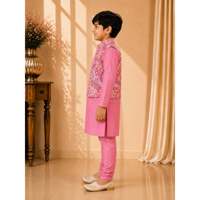 Ensemble Kurta Pyjama d'été pour garçons avec veste imprimée rose à manches longues en polyester tissé, tenue traditionnelle ethnique pour fêtes et occasions spéciales
