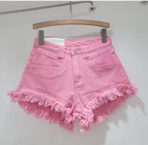 Shorts de Mezclilla Desgastados de Cintura Alta para Mujer, Color Caramelo, Verano, Casual, Transpirable, Algodón, Rotos, Desgastados - Product Image 3