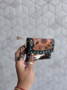 Western Hair on Cowhide Leather New Hand Tooled Carving Small <b>Wristlet</b> Coin Purse Multi Uses Mini Wallet for Women Western Gifts - Product Image 2