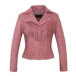 Premium Dusty Rose <b>Suede</b> Women Fringe <b>Leather</b> <b>Jacket</b> Chest Fringe Slim Fit Biker Style Notch Collar Customization Available - Product Image 1