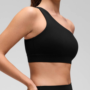 Breathable Summer Fashion Women Halter Neck Short <b>Top</b> 180gsm Black Print 100% Polyester <b>One</b> Shoulder Sports Bra Front Logo - Product Image 4