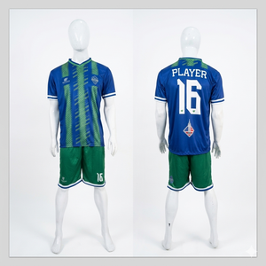 Maillot de football personnalisé sublimé pour homme, bleu et vert rayé, col en V, manches courtes, anti-humidité, coupe athlétique, uniforme adulte - Product Image 1