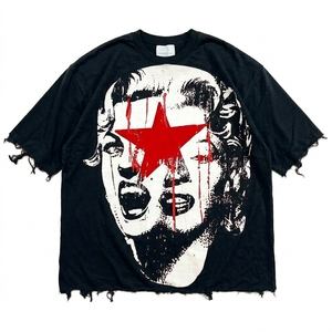 T-shirt en coton tricoté à manches courtes, col rond, coupe oversize, imprimé graphique, style streetwear, délavé à l'acide, vintage, épaules tombantes, coupe ample - Product Image 1