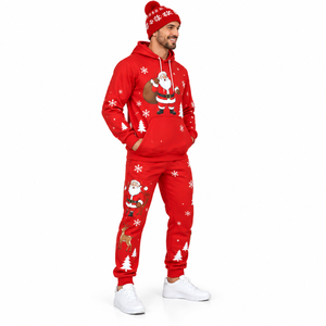 Ensemble de survêtement de Noël pour hommes en gros : sweat à capuche, pantalon de jogging et bonnet – Couleur unie, costume deux pièces personnalisé pour les fêtes - Product Image 3