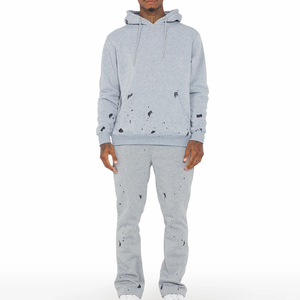 Conjunto Deportivo de Felpa con Capucha para Hombre, Color Gris, Diseño 2 en 1, Estampado Negro, Corte Regular, Transpirable, de Algodón, para Invierno - Product Image 1