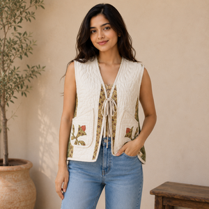 Chaleco acolchado de algodón hecho a mano para mujer, con estampado floral, sin mangas, con lazo frontal, estilo casual bohemio, con bolsillos. - Product Image 1