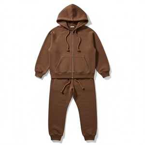 Tendance Hiver : Ensemble Survêtement Unisexe Marron à Capuche Entièrement Zippé, Pantalon de Survêtement en Coton Couleur Unie, Tenue Décontractée Saison Automne Coupe Classique - Product Image 1