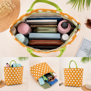 Elegante Bolso de Playa de Yute |   Bolsa de Compras con Estampado de Puntos |   Bolsa de Mano Reutilizable Ecológica con Cierre de Cremallera - Product Image 4