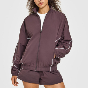 2025 Wholesale Women Sportswear Fashion Piping Oversized Zip up Tracksuit Tops Lightweight 100% Nylon <b>Track</b> <b>Jacket</b> - Product Image 1