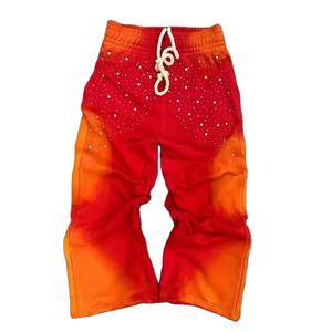 100% algodón OEM alta calidad Vintage lavado pantalones de chándal hombres Casual Zip diseño acampanado pierna ancha sol desteñido Rhinestone remache - Product Image 2