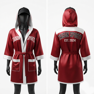 Bata de Boxeo para Mujer de Poliéster Satinado Premium de 220 GSM, Color Granate con Paneles Blancos en Contraste, Logotipo Personalizado OEM ODM - Product Image 1