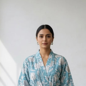 ชุดกิโมโนผ้าฝ้ายพิมพ์ลายดอกไม้สุดหรู งานฝีมือลายดอกไม้แบบชาวชาวรัฐชัยปุรี เสื้อคลุมอาบน้ำลำลอง ระบายอากาศได้ดี เหมาะสำหรับฤดูร้อน ชุดคลุมสำหรับผู้หญิง - Product Image 1