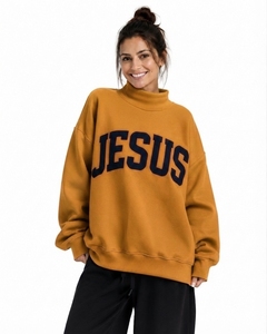 เสื้อไหมพรมคอเต่าปักลายตัวอักษรพระเยซู สีมัสตาร์ด สำหรับผู้หญิง ขายส่ง แบบสั่งทำได้ ทนทาน ไม่เป็นขุย - Product Image 1