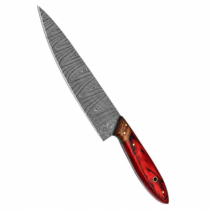 Cuchillo de Trinchar con Mango de Madera Roja y Patrón Damasco, Hoja Larga Plateada con Empuñadura Marrón para Cortar Carne y Preparar Alimentos - Product Image 1