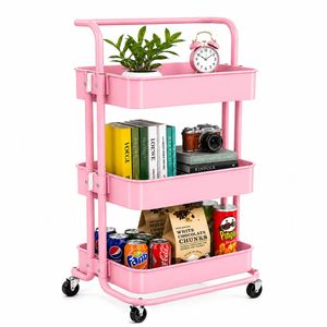 รถเข็นเก็บของโลหะสีชมพู 3 ชั้น พร้อมล้อหมุน 4 ล้อ สำหรับใช้ในครัว - Product Image 1